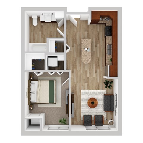 Floor plan for 1 bed, 1 bath, 611 sqft